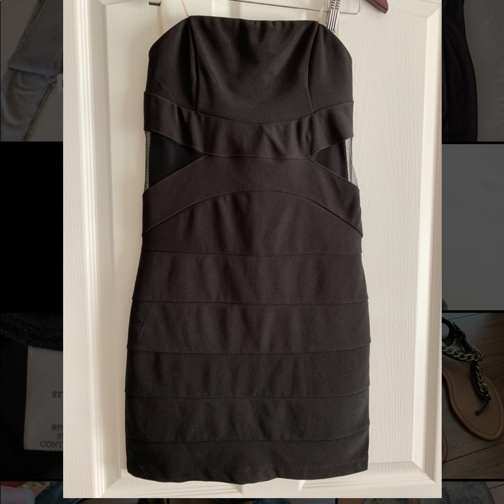 Black strapless cocktail dress with mesh sides